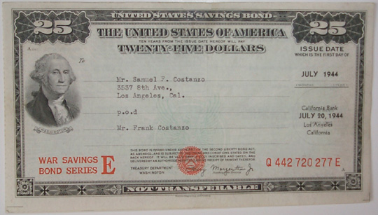 War Savings Bond Series E certificate issued in July 1944